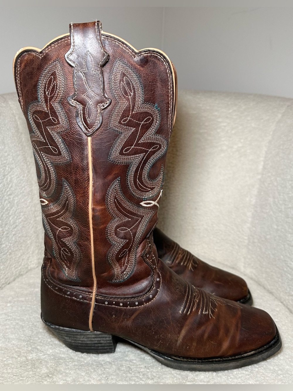 Justin Brown Leather Western Cowboy Boots Embroidered Cowgirl Bohemian Festival